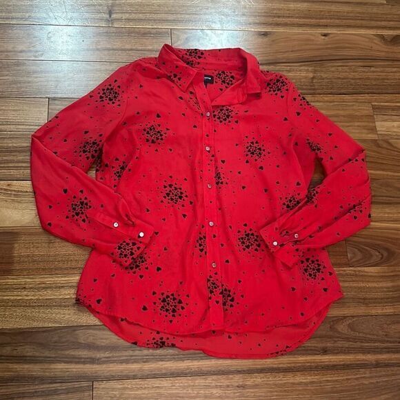 Liz Claiborne red long sleeve heart shirt blouse button down business casual val - Picture 1 of 7
